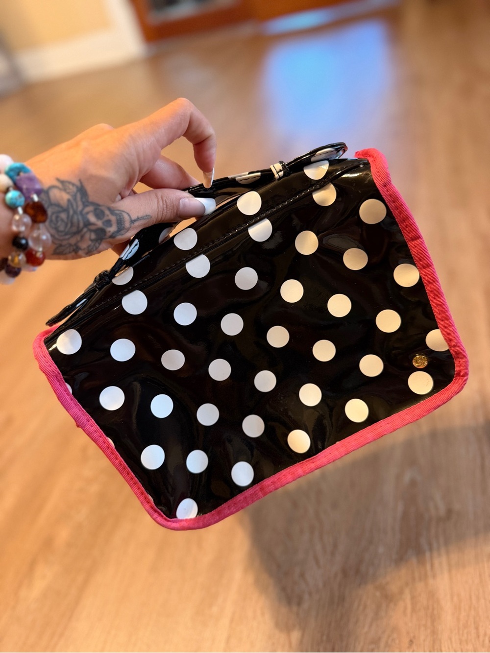 Stephanie Johnson Black Polka Dot Cosmetic Bag with Pink Trim